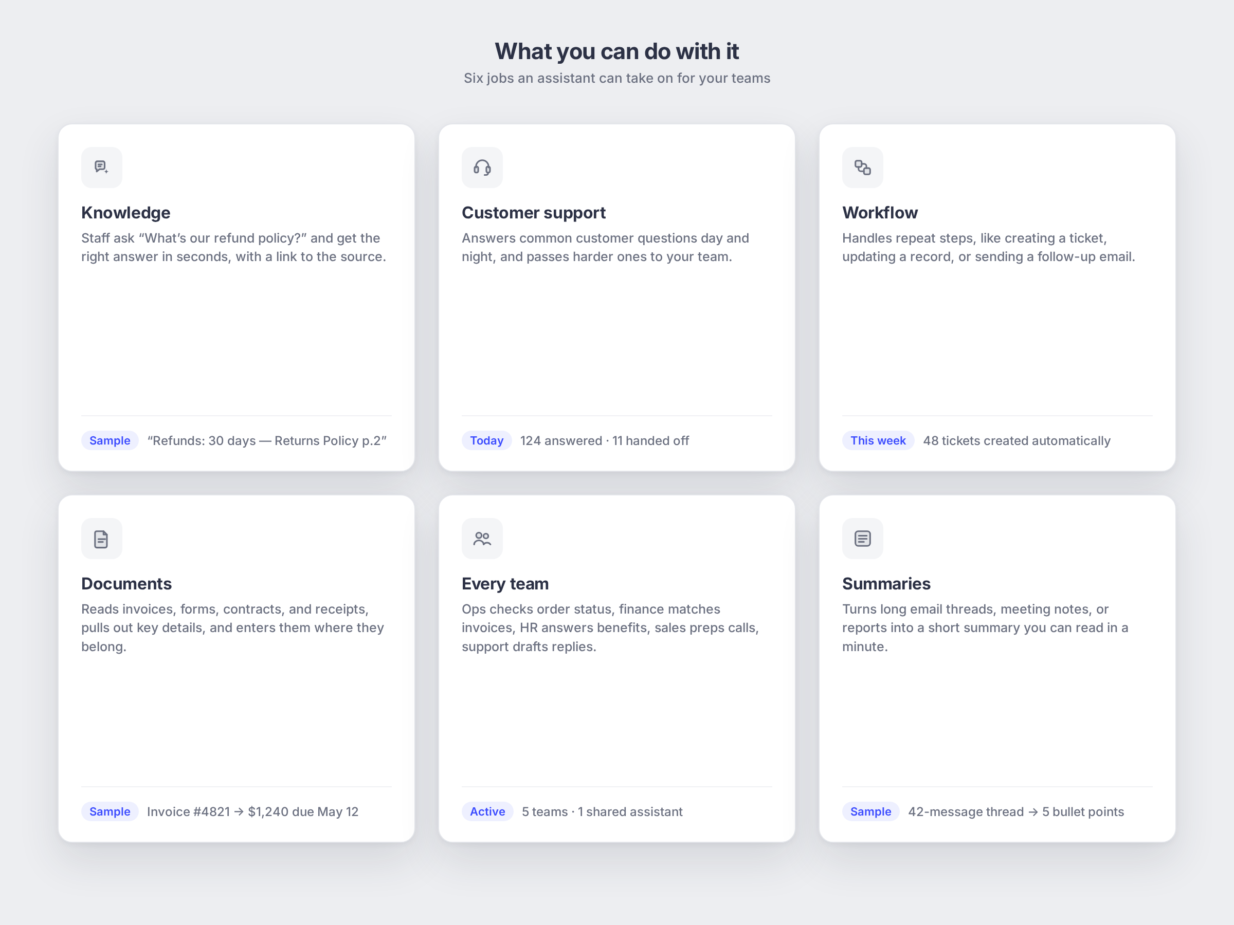 AI Assistants: what you can do with it, shown as a simple app mockup